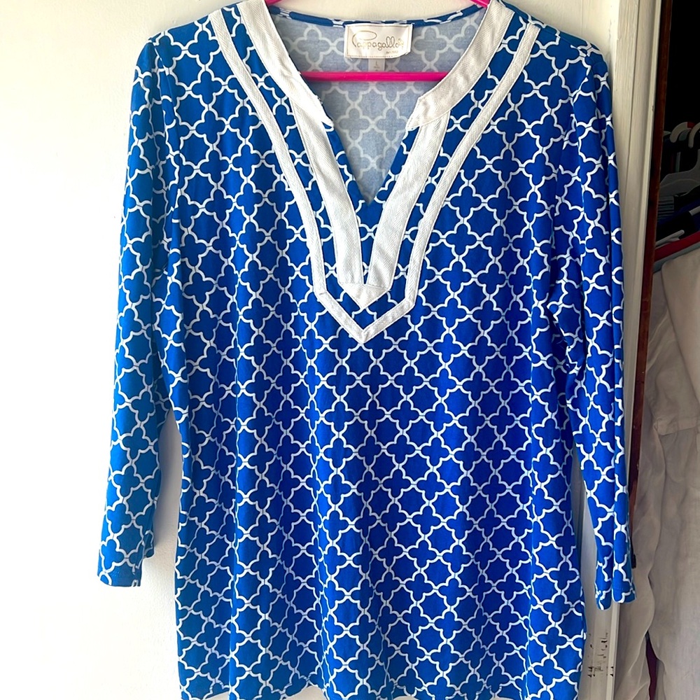 Papagallo Blue cotton tunic top boho prep large